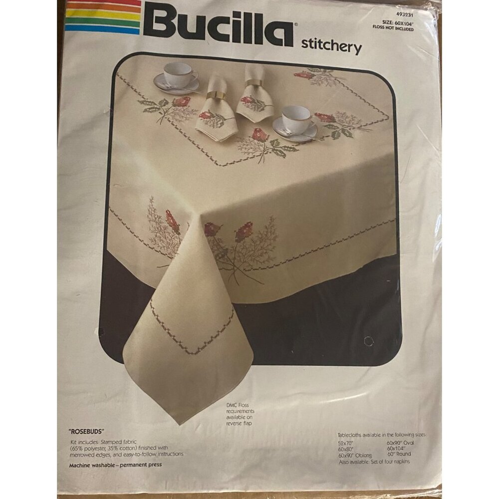 Vintage Bucilla Stitchery Roses Tablecloth ROSEBUDS 493231 Size 60"X104"